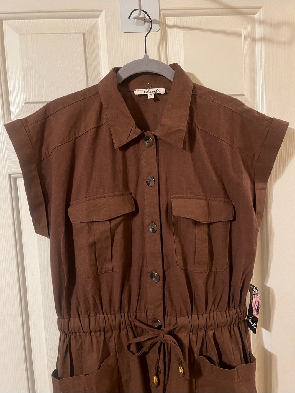 NWT Junior’s Brown Utility Boiler Cotton Button Down Summer Jumpsuit Size XL - Picture 2 of 13